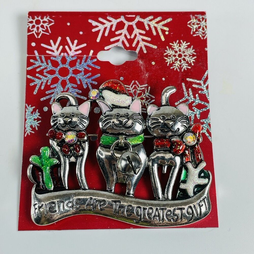 Friends Are The Greatest Gift Holiday Cat Brooch Pin 2.25" Enamel Glitter Santa